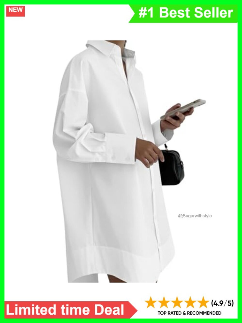 100% Cotton Button Down Midi Shirt Dress Long Sleeve V Neck Tunic